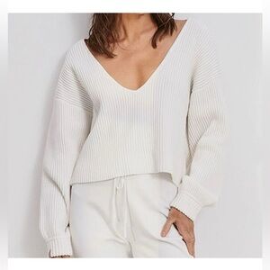Lunya Organic Cotton Knit White Ribbed V Neck Sweater